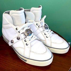 Versace men’s white leather high top sneakers